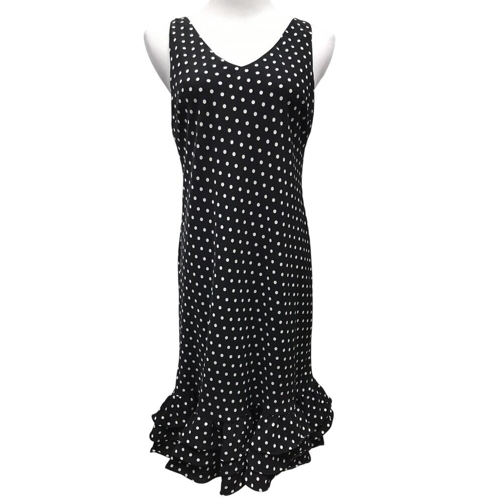 Evan Picone Dress Womens 6 Black White Polka Dot Ruffle Hem Lined